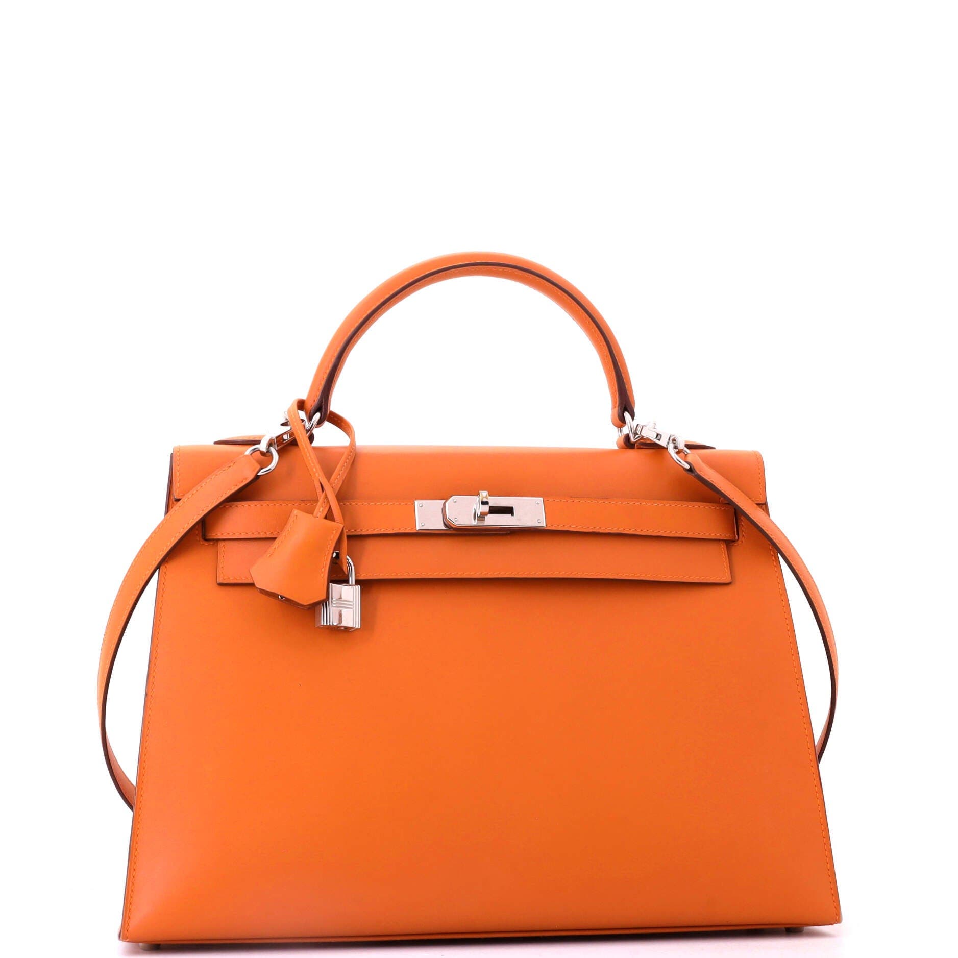 Pre-Owned Hermes Kelly Handbag Orange Box Calf with Palladium Hardware 32, Alternate, color, Orange H