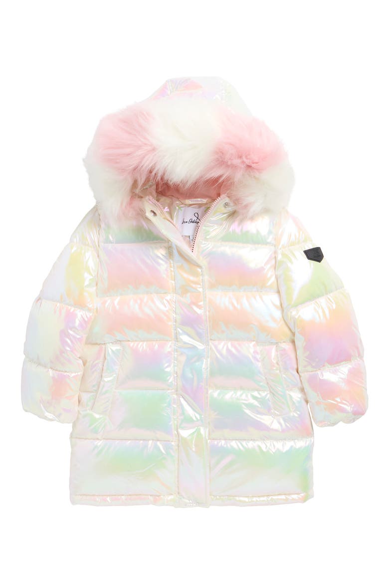 Kids' Iridescent Long Puffer Jacket with Faux Fur Trim, Main, color, WHITE
