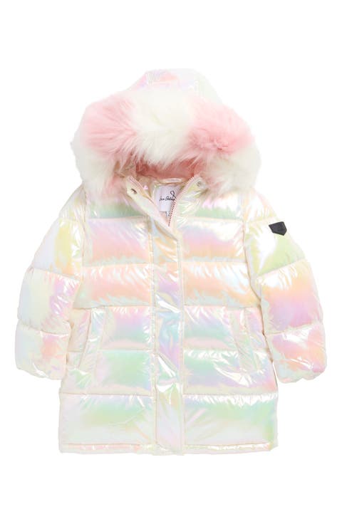 Kids' Iridescent Long Puffer Jacket with Faux Fur Trim