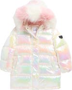Sam Edelman Kids' Iridescent Long Puffer Jacket with Faux Fur Trim
