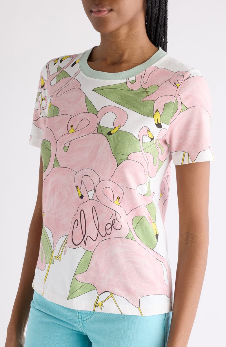 Chloé Flamingo Print Jersey Ringer T-Shirt, Alternate, color, Iconic Milk
