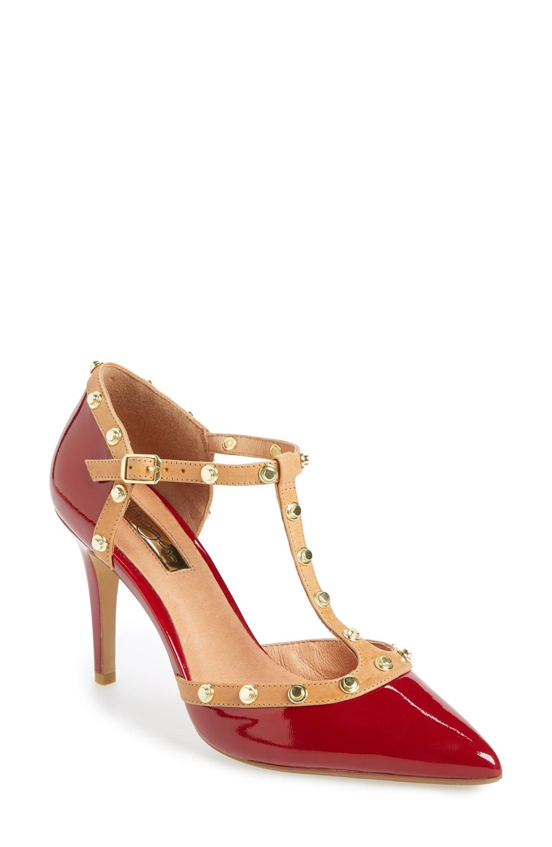 'Martine' Studded T-Strap Pump, Main, color, DARK RED PATENT/TAN