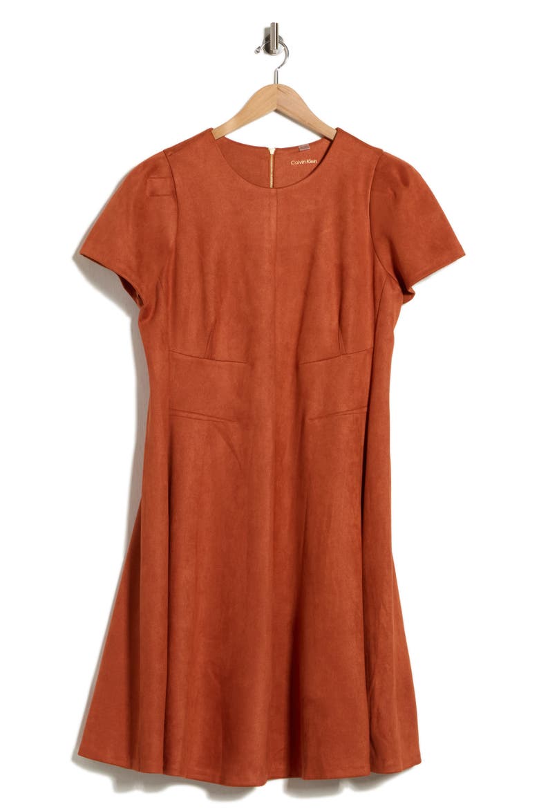 Faux Suede Fit & Flare Dress, Main, color, RUST
