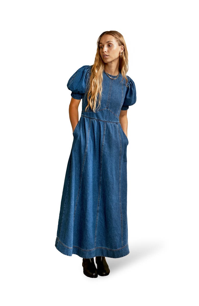 Ro&Zo Denim Short Puff Sleeve Midi Dress, Main, color, Blue