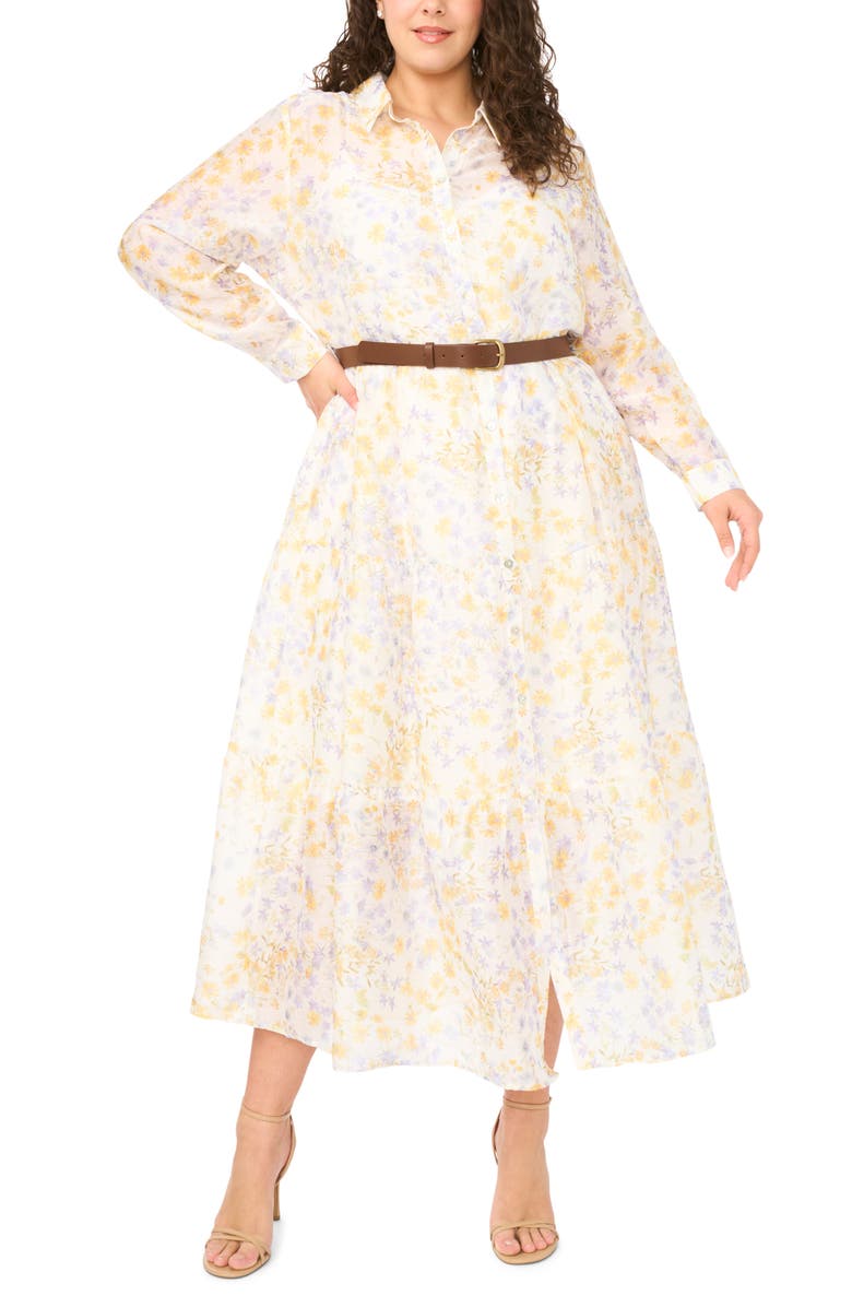 Halogen<sup>®</sup> Floral Print Long Sleeve Maxi Shirtdress, Main, color, Egret