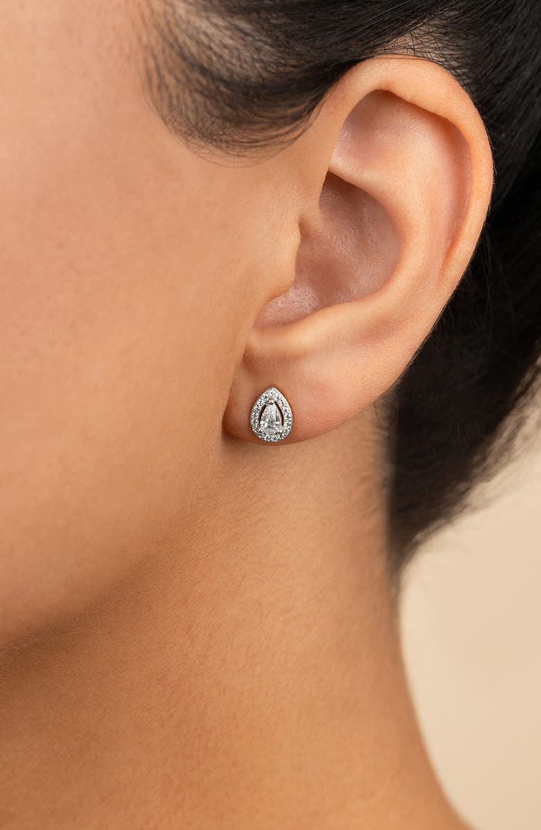 Sterling Forever Pear Cut Cubic Zirconia Halo Stud Earrings, Alternate, color, Silver