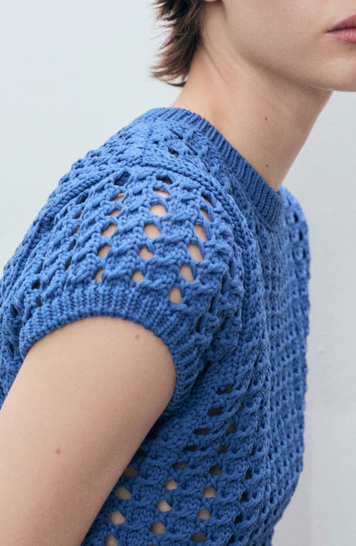 Mango Short Sleeve Open Knit Sweater In Blue