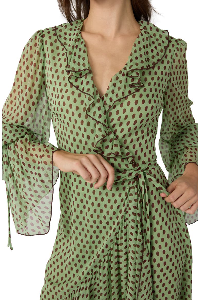 Thena Polka Dot Ruffle Trim Wrap Midi Dress, Alternate, color, JELLY POLKA DOT