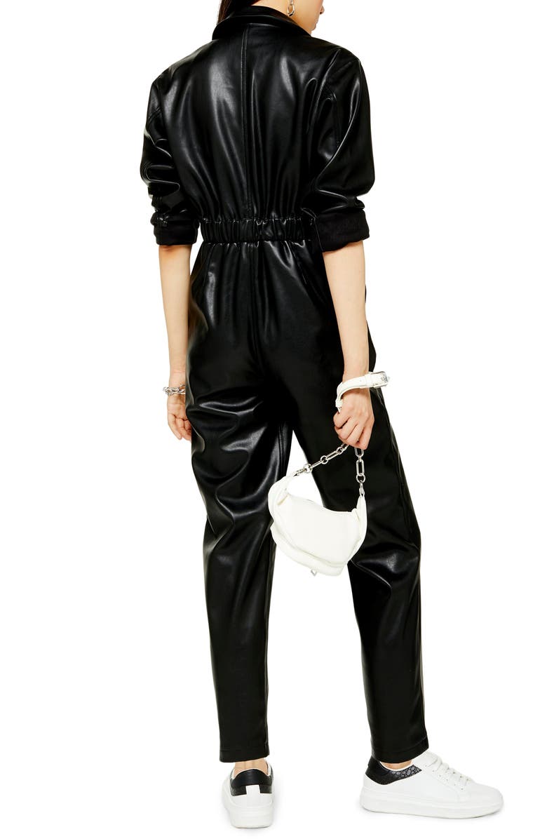 Topshop Long Sleeve Straight Leg Faux Leather Jumpsuit, Alternate, color, 
