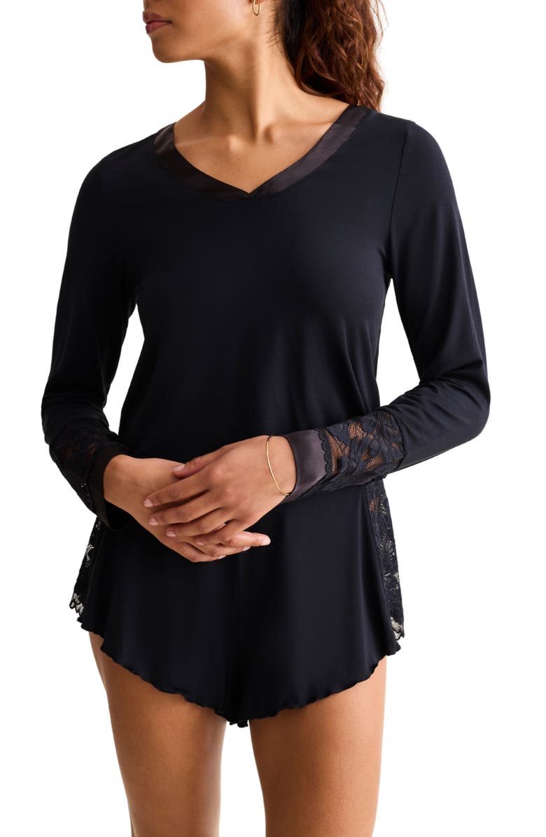 Fleur't Parisian Nights Lace Trim Short Pajamas, Alternate, color, Black