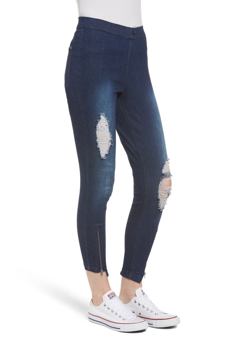 High Waist Distressed Denim Skimmer Leggings, Alternate, color, INK WASH