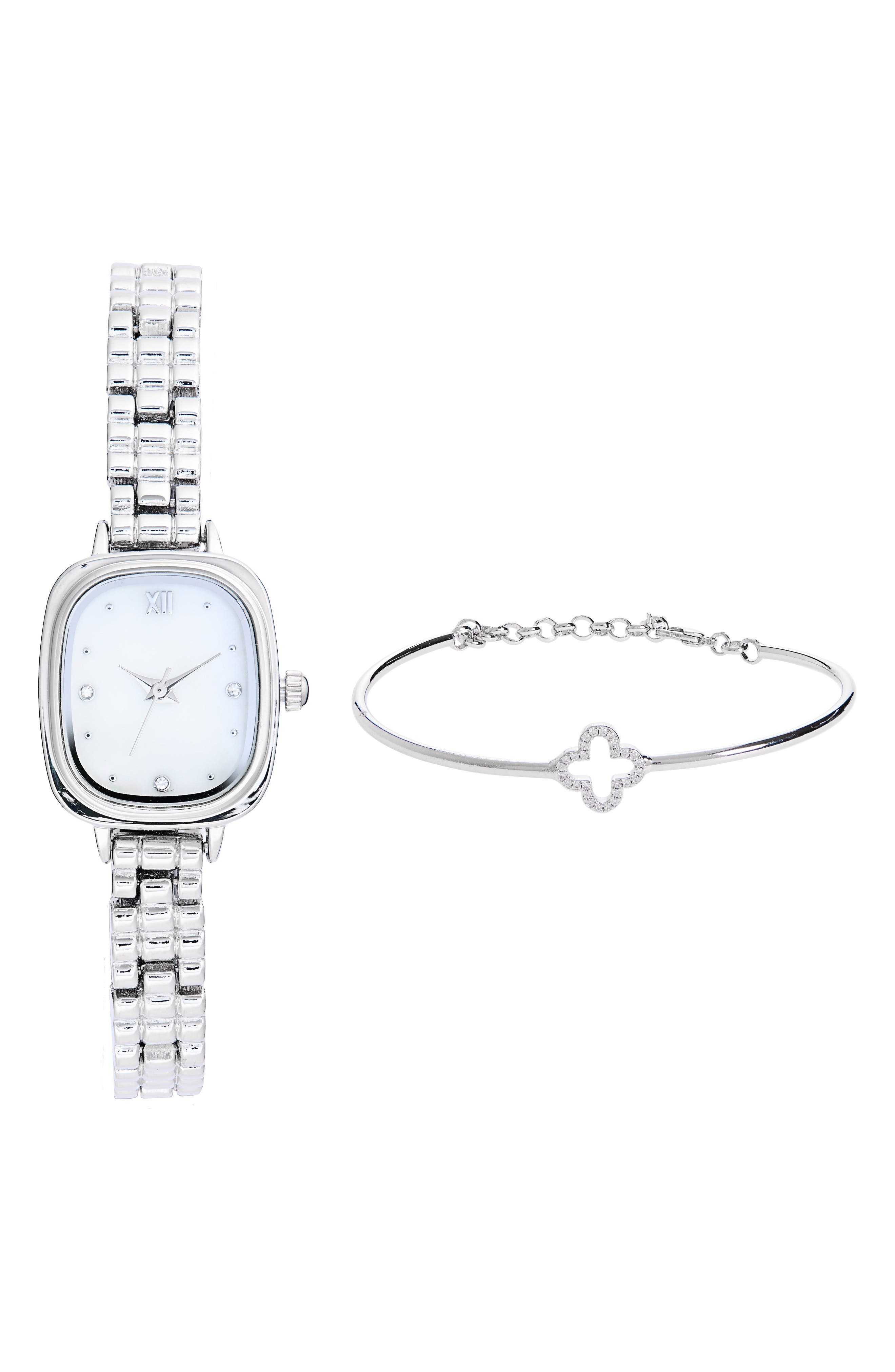 Square Face Watch & Clover Bracelet Set