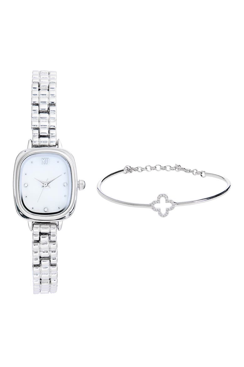 Square Face Watch & Clover Bracelet Set, Main, color, SILVER