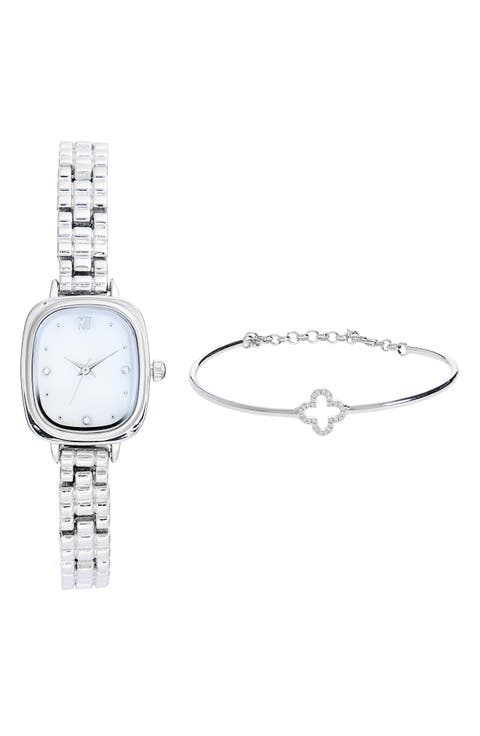 Square Face Watch & Clover Bracelet Set