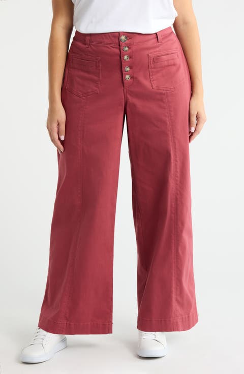 'Ab'Solution Skyrise Exposed Button Wide Leg Twill Pants (Plus)