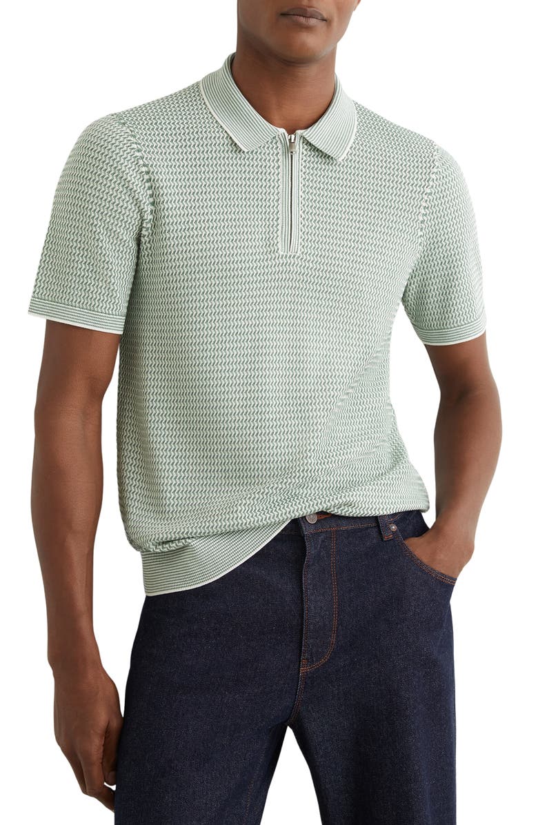 Reiss Brink Textured Stitch Quarter Zip Polo, Main, color, Soft Sage Green