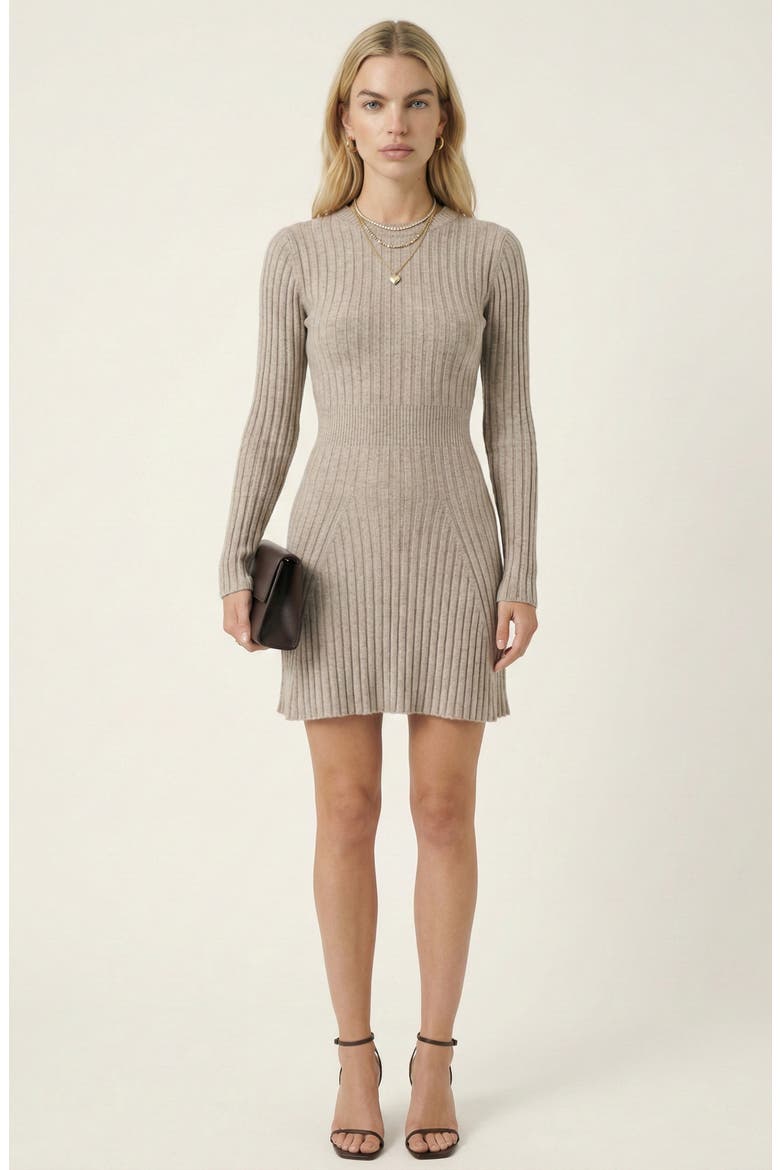 Ribbed Knit Sweater Dress with Long Sleeves and Flared Hem Silhouette, Main, color, Beige / Taupe