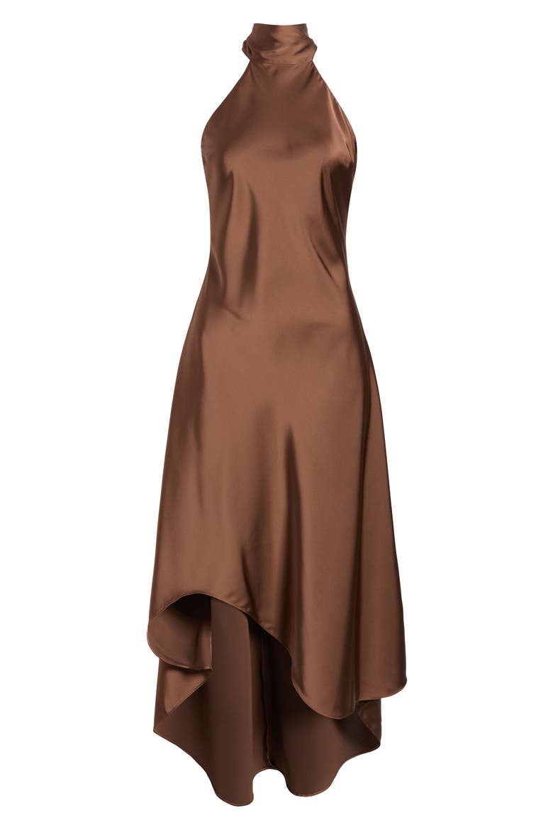 Tie Back Sleeveless High/Low Satin Gown, Alternate, color, COCOA BROWN