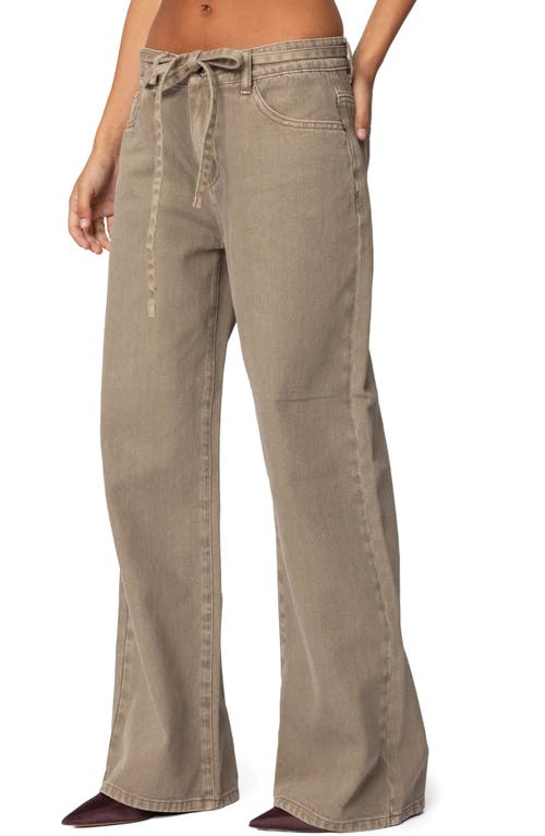 Shop Edikted Hudson Oversize Tie Belt Wide Leg Jeans In Olive-washed