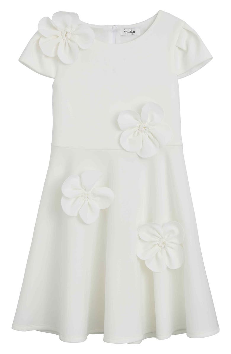 Speechless Kids' 3D Flower Techno Scuba Knit Dress, Main, color, Off White