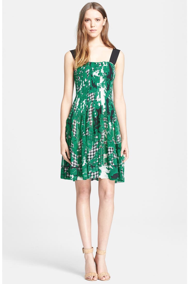 'Karlyn' Pleated Silk Fit & Flare Dress, Main, color, TOILE COLLAGE GREEN