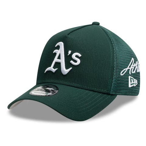 Men's New Era Green Athletics Side Script 9FORTY A-Frame Trucker Adjustable Hat