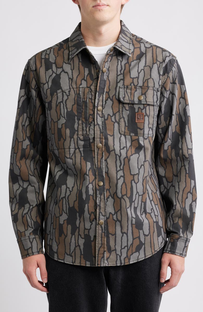 Brixton Builders Water Repellent Stretch Canvas Overshirt, Alternate, color, Bark Camo