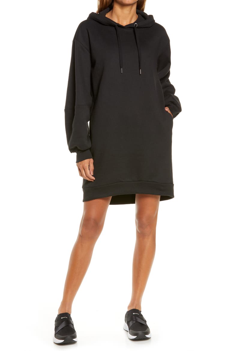 Cara Long Sleeve Fleece Hoodie Dress, Main, color, BLACK