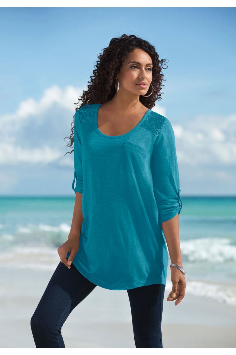 Textured Lace Trimmed Tunic, Alternate, color, SUNSET CORAL