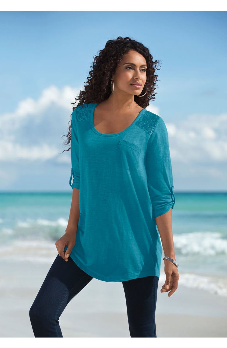 Roaman's Textured Lace Trimmed Tunic, Alternate, color, Dark Olive Green