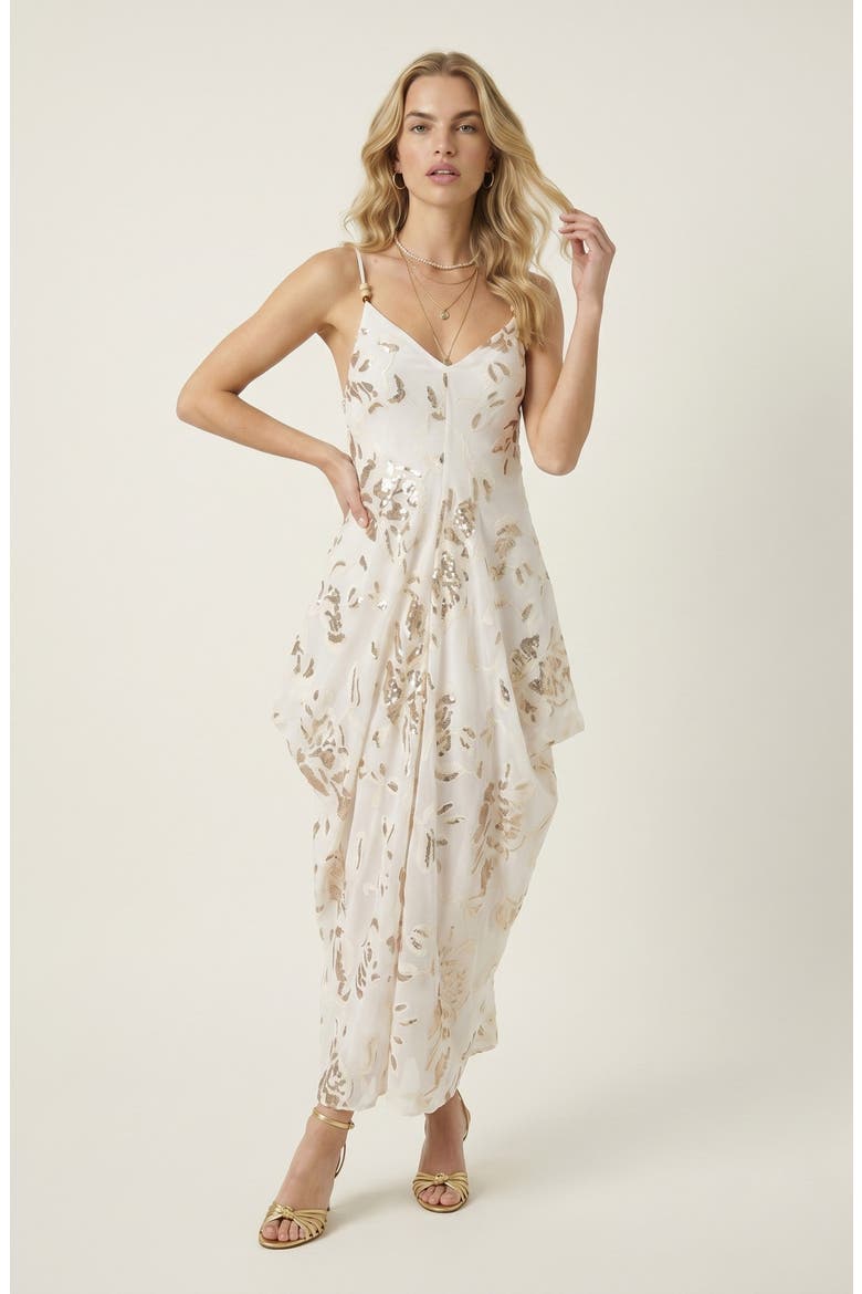 Embroidered Sequin Midi Dress, Main, color, Ivory / Gold