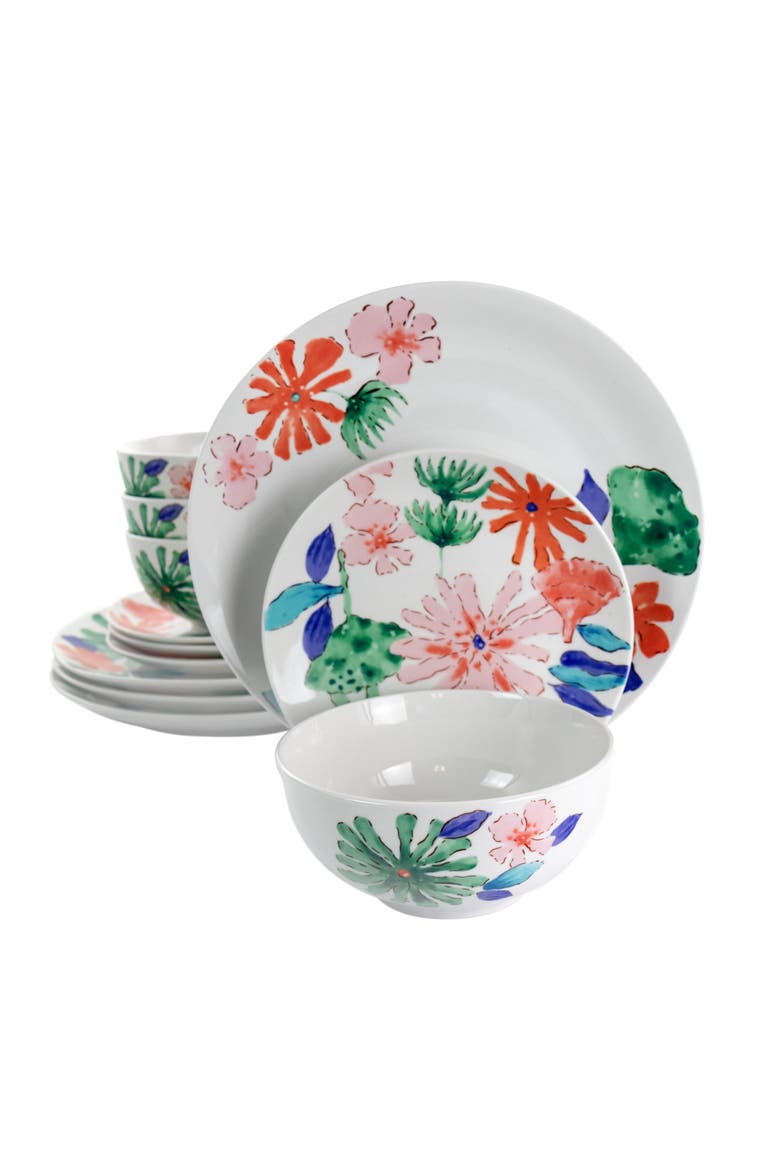 Dazzling Lily 12 Piece Ceramic Dinnerware Set, Main, color, White