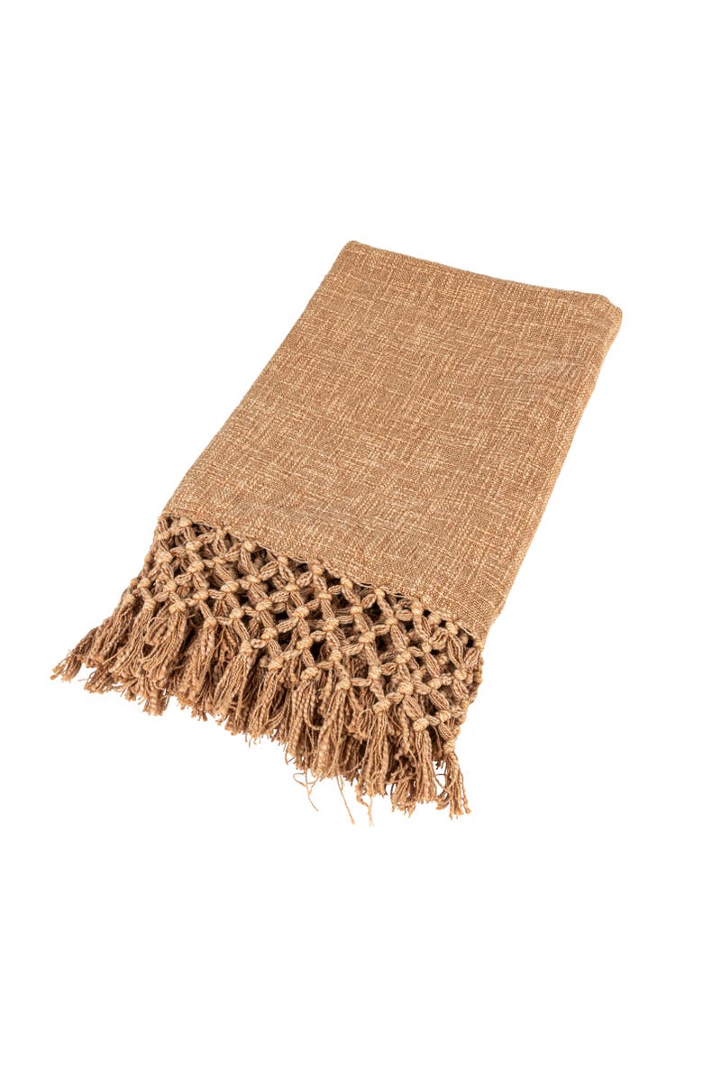 Storied Home Bohemian Cotton Slub Throw with Crochet and Fringe, Main, color, Brown