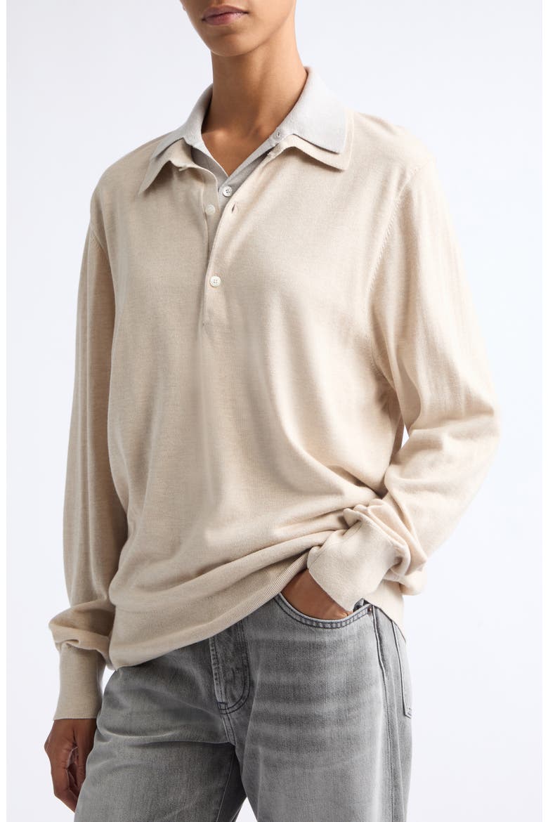 Koyat Layered Silk, Wool & Cashmere Polo Sweater, Alternate, color, BEIGE/ GREY