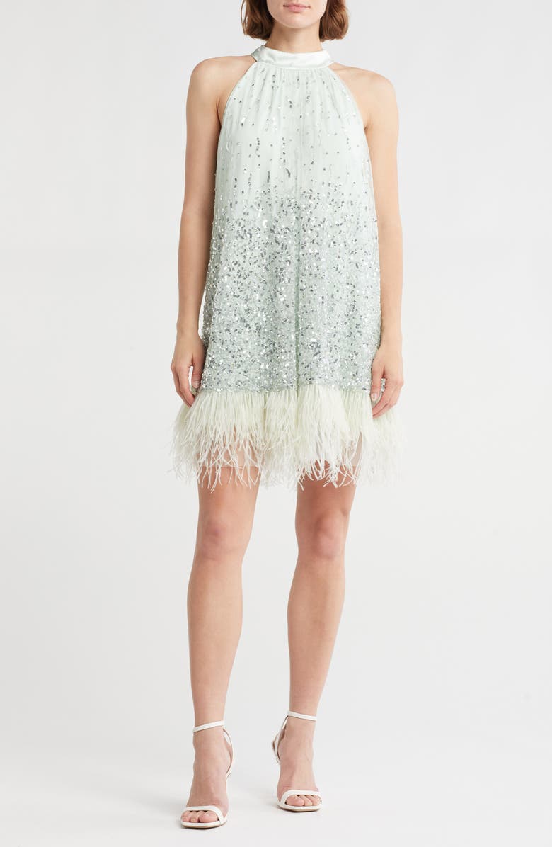 Alice + Olivia Erna Sequin & Feather Halter Neck Dress, Main, color, Sea Spray
