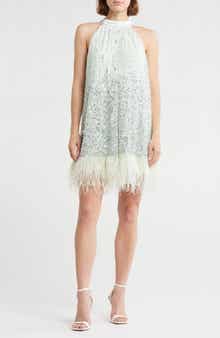 Alice + Olivia Erna Sequin & Feather Halter Neck Dress