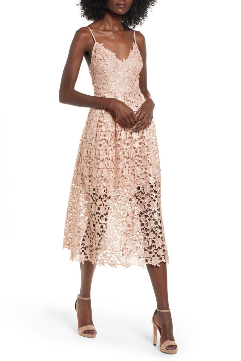 astr the label lace a line midi dress (Women) neckline and cap sleeves Color:bubble Gum Lavetir A-Line/Princess Halter Sleeveless 517291-1TPI-MTW