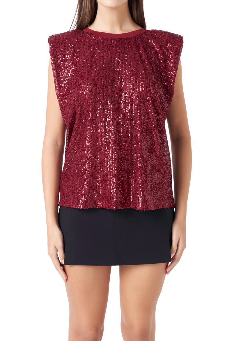 Sequin Shoulder Pad Top, Alternate, color, BORDEAUX