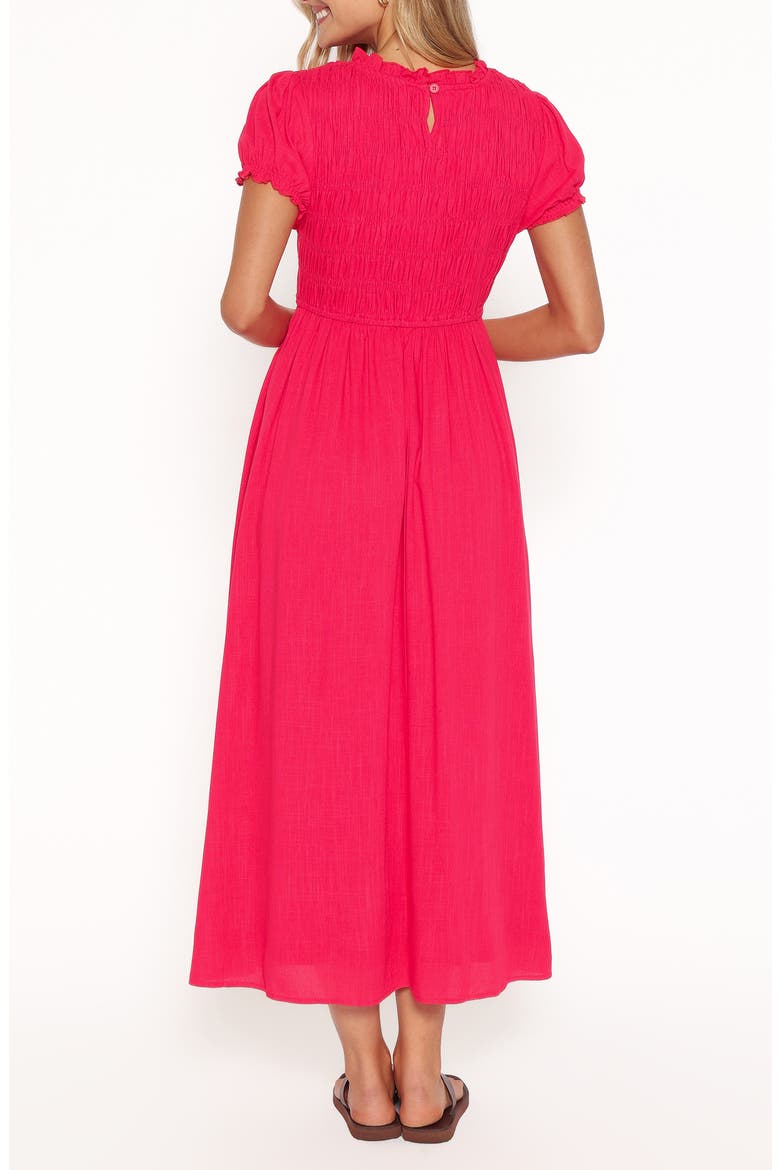 Darla Smocked Puff Sleeve Midi Dress, Alternate, color, HOT CORAL