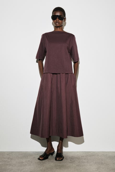 Contrast-Panel Boat-Neck Midi Dress