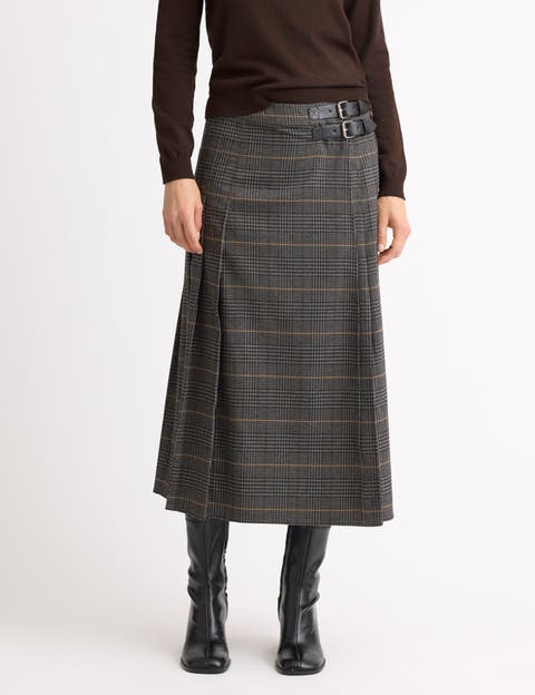 Checked Buckle A-Line Pleated Midi Skirt