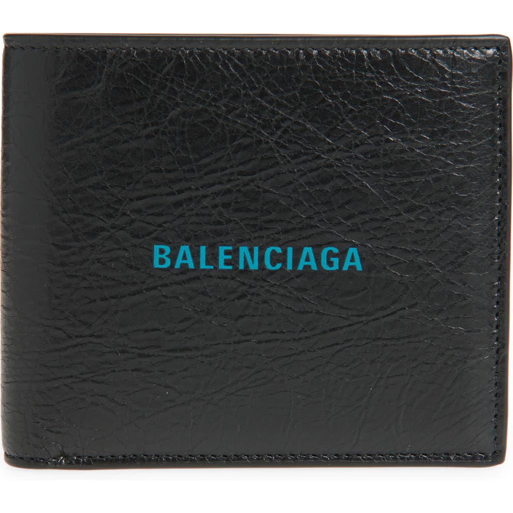 Balenciaga Cash Logo Leather Bifold Wallet In 1074 Black/l Sky Blue