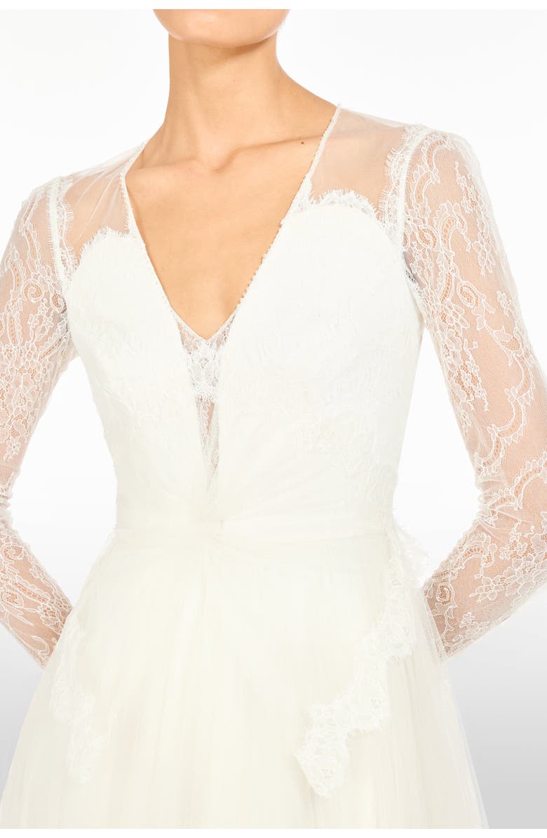 Jenny Packham Silk Crush Lace Long-sleeve Bridal Dress, Alternate, color, Ivory