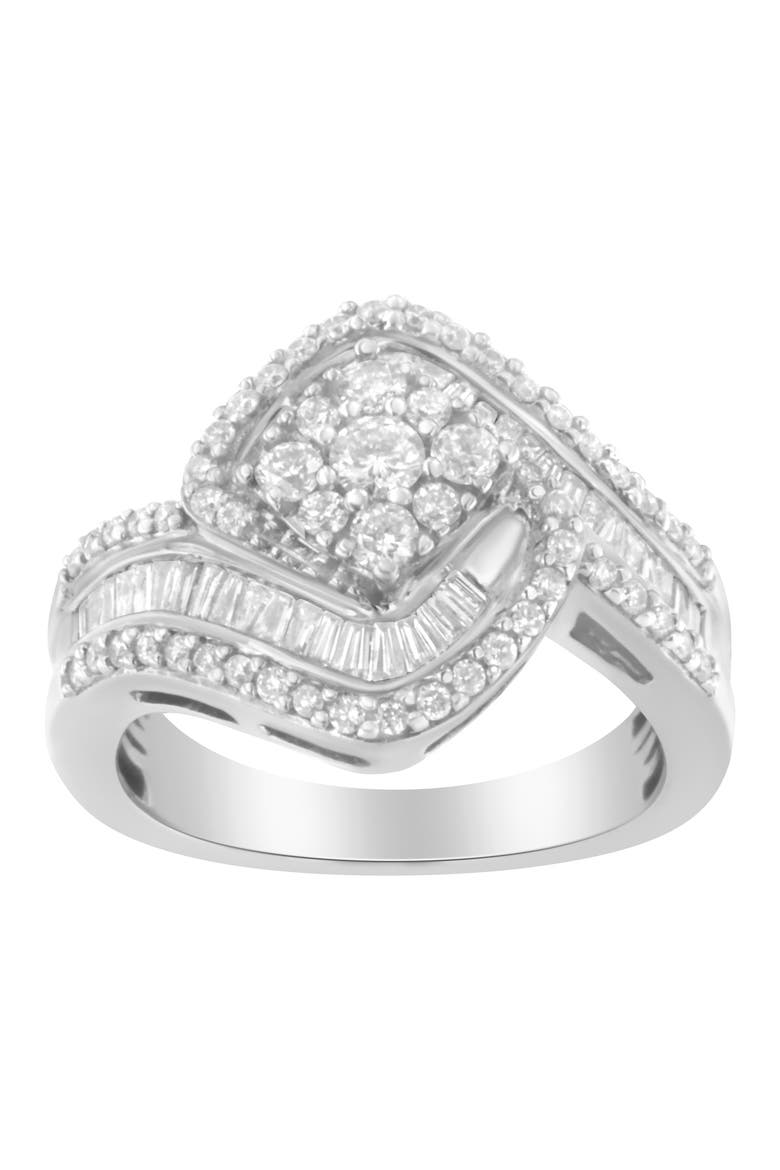 14K White Gold 1 Cttw Baguette and Round Diamond Floral Swirl Cluster Cocktail Ring, Alternate, color, White Gold