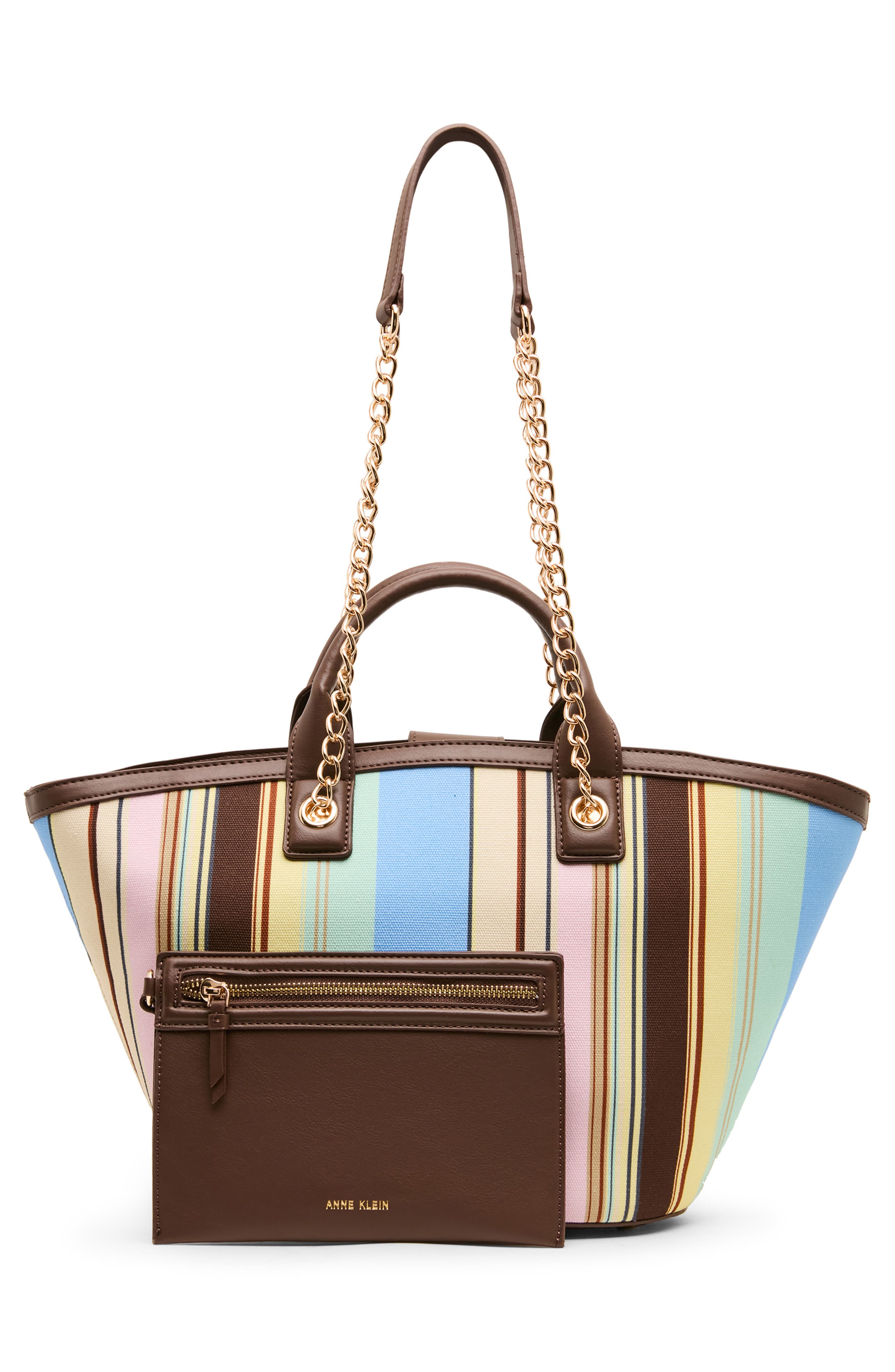 Anne Klein Stripe Double Handle Tote Bag with Pouch, Alternate, color, Sepia