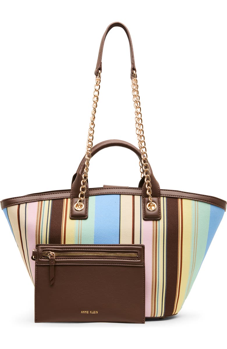 Anne Klein Stripe Double Handle Tote Bag with Pouch, Alternate, color, Sepia