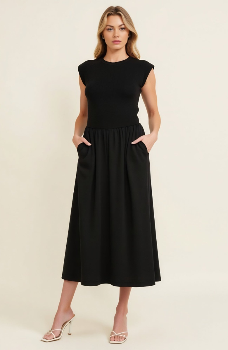 Modenaire Cap Sleeve Fitted Bodice Dress with Gathered Midi Skirt and Pockets, Alternate, color, Black