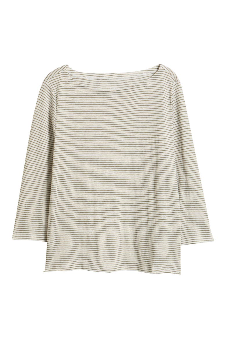 Stripe Bateau Neck Organic Linen Top, Alternate, color, BAY LEAF