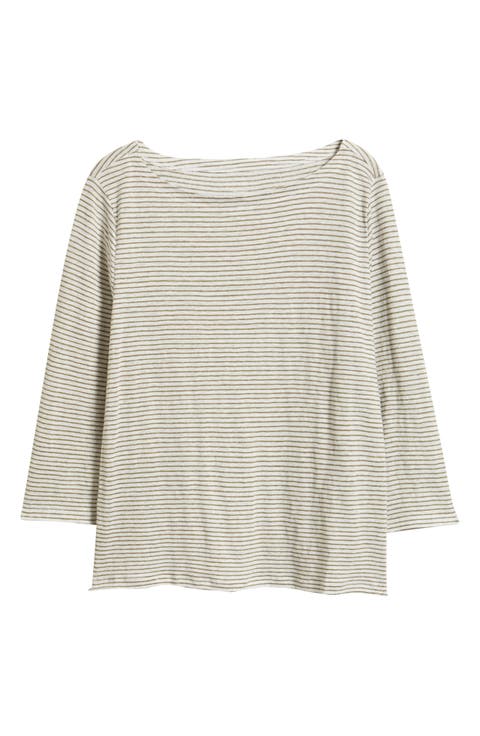 Stripe Bateau Neck Organic Linen Top (Regular & Petite)