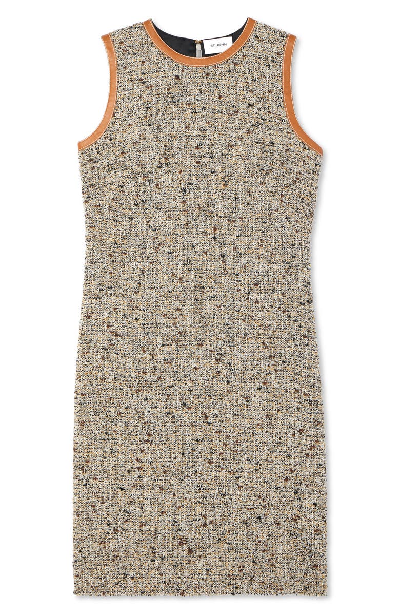 St. John Collection Sleeveless Leather Trim Bouclé Tweed Dress, Alternate, color, 